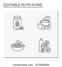  Nuts line icons set. Tasty and healthy snacks. Ingredients for food preparation.Balanced nutrition concept. Isolated vector illustration. Editable stroke