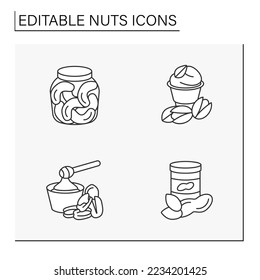  Nuts line icons set. Tasty and healthy snacks. Pecans, pistachio, cashews and peanuts. Ingredients for food preparation.Balanced nutrition concept. Isolated vector illustration. Editable stroke