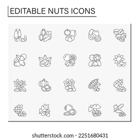  Zeilensymbole werden aktiviert. Leckere und gesunde Snacks. Zutaten für die Lebensmittelzubereitung.ausgewogenes Ernährungskonzept. Einzige Vektorgrafik. Bearbeitbarer Hub