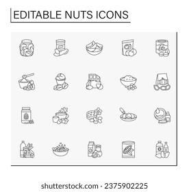  Iconos de línea de tuercas establecidos. aperitivos sabrosos y saludables. Ingredientes para la preparación de alimentos.Concepto nutricional equilibrado. Ilustración vectorial aislada. Trazo editable