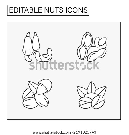  Nuts line icons set. Tasty and healthy snacks. Ingredients for food preparation.Balanced nutrition concept. Isolated vector illustration. Editable stroke