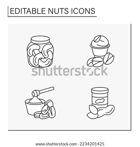  Nuts line icons set. Tasty and healthy snacks. Pecans, pistachio, cashews and peanuts. Ingredients for food preparation.Balanced nutrition concept. Isolated vector illustration. Editable stroke