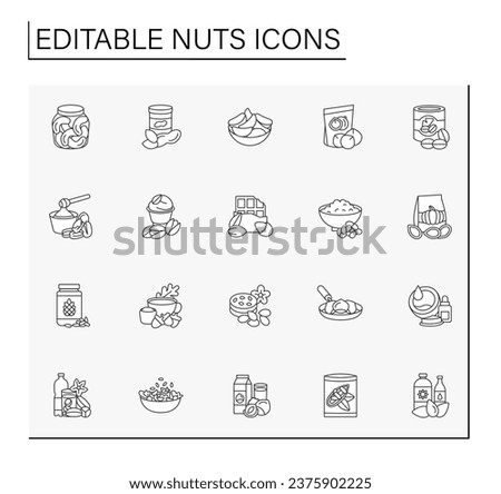  Nuts line icons set. Tasty and healthy snacks. Ingredients for food preparation.Balanced nutrition concept. Isolated vector illustration. Editable stroke