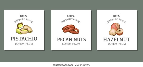 Nuts logo set templates. Pistachio, Pecan nuts,  Hazelnut isolated on white background. Nuts Cartoon Style. Organic food concept.