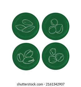 Nackt. Migdal, Haselnuss, Pistazien. Vektorset mit vier Aufklebern und Etiketten. Design für den Druck.