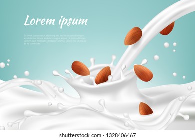 Nuts in milk. Meal beverages nut cream vegan protein drink splashes with seed vector realistic background