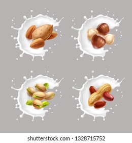 Nuts in milk splash. Hazelnuts, almond, pistachio, peanuts