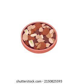 Nuts mix in bowl. Dry healthy snack in plate, dish. Crunchy vegan food, pistachio, almond, hazelnut, brazil, nutmeg, pecan fruits. Superfood. Flat vector illustration isolated on white background.