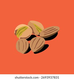 Nuts Mix on Orange Background. Cartoon Style Illustration of Almonds and Pistachios