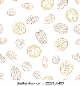 Nuts mix seamless pattern. Line art vector illustration. Healthy food background. Almond, pecan,walnut and hazelnut.