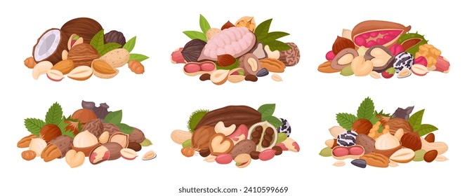 Conjunto de mezclas de nueces. Lotes de semillas y nueces, nuez cruda, mezcla de macadamia y almendras, bocadillo vegetariano de dieta orgánica, conjunto de ilustración vectorial plana. Mezclas de tuercas sabrosas