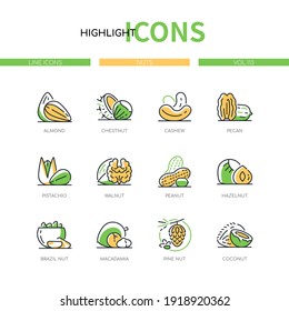 Nuts - modern line design style icons set. High quality images of fresh organic healthy food. Almond, chestnut, cashew, pecan, pistachio, walnut, peanut, hazelnut, brazil, macadamia, pine, coconut