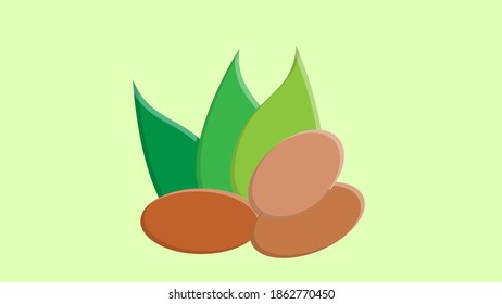 nuts on a green background, vector illustration. nuts lie on the ground, under green oblong leaves. healthy food, weight loss, farming, eco-friendly products for the environment.
