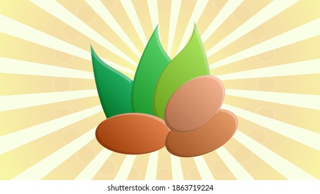 nuts on a white-orange retro background, vector illustration. nuts lie on the ground, under green oblong leaves. healthy food, weight loss, farming, eco-friendly products for the environment.