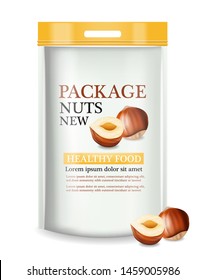 Nuts package vector realistic mock up. Label design. Product placement. 3d illustration