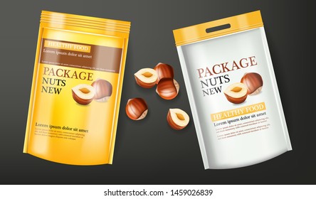 Nuts package vector realistic mock up. Label design. Product placement. 3d illustration