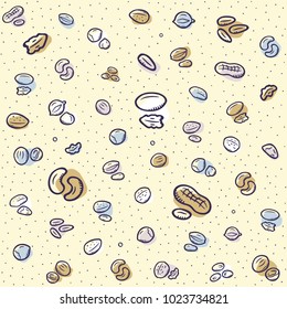 Nuts pattern with colored accents on yellow background. Fits perfectly for print or any food background.