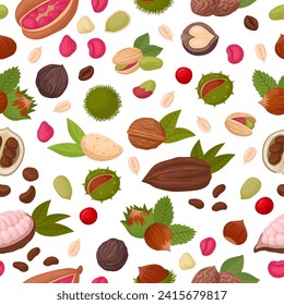 Nuts pattern. Seeds and nuts seamless design, almond, peanut, walnut and macadamia print. Nuts and seeds endless flat vector background illustration