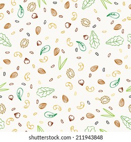 Nuts and plant foods for vegetarians and vegans doodle seamless pattern vector illustration