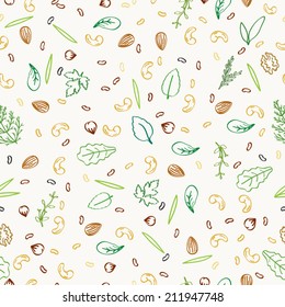 Nuts and plant foods for vegetarians and vegans doodle seamless pattern vector illustration