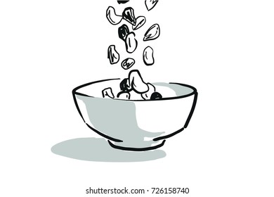 Nuts And Raisins Are Falling Into A Bowl Black And White Vector Sketch, Simple Drawing Isolated At White Background