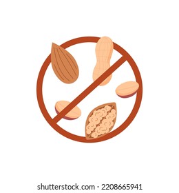 Nuts in red crossed circle icon. Allergy to nuts: peanut, walnut, almond. Flat vector illustration isolated on white background