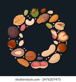 Nuts round frame. Tasty nuts, pistachio, walnut, almond and hazelnut circle frame flat vector illustration. Nuts snacks frame