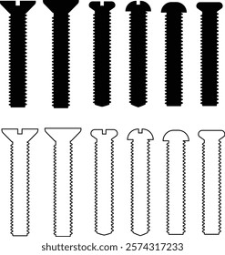 Nuts , screws, rivets, and bolts con set. Equipment stainless, fasteners, metal fixation gear black line and flat vector collection isolated on transparent background. Building tools construction sign