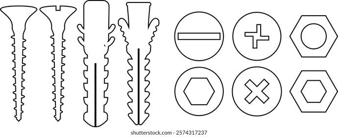 Nuts , screws, rivets, and bolts con set. Equipment stainless, fasteners, metal fixation gear black line vector collection isolated on transparent background. Building tools construction sign