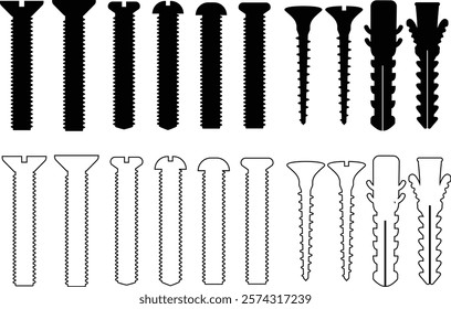 Nuts , screws, rivets, and bolts con set. Equipment stainless, fasteners, metal fixation gear black line and flat vector collection isolated on transparent background. Building tools construction sign