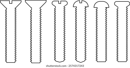 Nuts , screws, rivets, and bolts con set. Equipment stainless, fasteners, metal fixation gear black line vector collection isolated on transparent background. Building tools construction sign