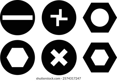 Nuts , screws, rivets, and bolts con set. Equipment stainless, fasteners, metal fixation gear black flat vector collection isolated on transparent background. Building tools construction sign