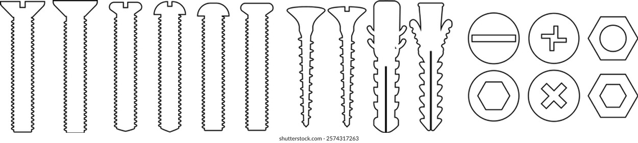 Nuts , screws, rivets, and bolts con set. Equipment stainless, fasteners, metal fixation gear black line vector collection isolated on transparent background. Building tools construction sign