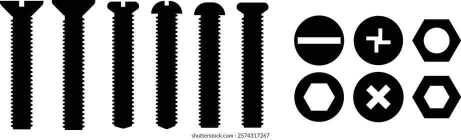 Nuts , screws, rivets, and bolts con set. Equipment stainless, fasteners, metal fixation gear black flat vector collection isolated on transparent background. Building tools construction sign