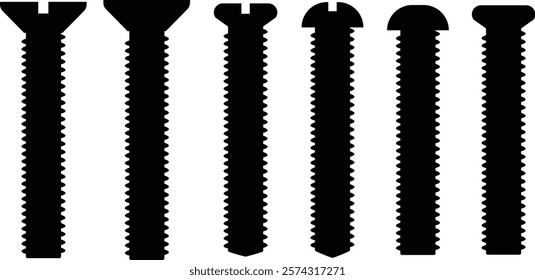 Nuts , screws, rivets, and bolts con set. Equipment stainless, fasteners, metal fixation gear black flat vector collection isolated on transparent background. Building tools construction sign