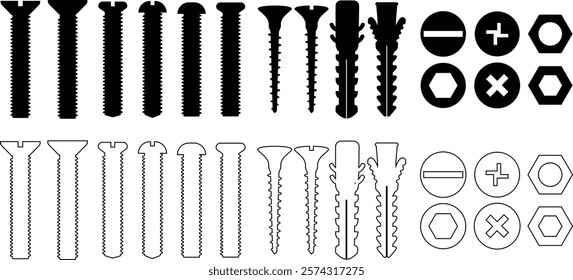 Nuts , screws, rivets, and bolts con set. Equipment stainless, fasteners, metal fixation gear black line and flat vector collection isolated on transparent background. Building tools construction sign