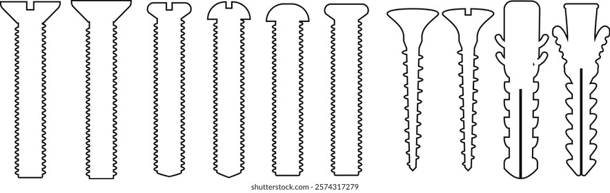 Nuts , screws, rivets, and bolts con set. Equipment stainless, fasteners, metal fixation gear black line vector collection isolated on transparent background. Building tools construction sign