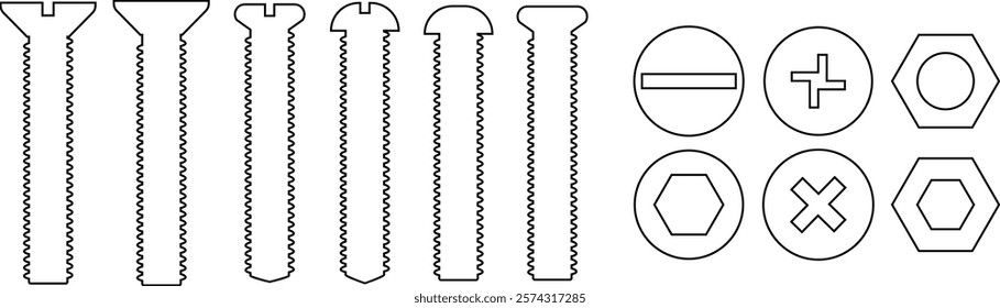 Nuts , screws, rivets, and bolts con set. Equipment stainless, fasteners, metal fixation gear black line vector collection isolated on transparent background. Building tools construction sign