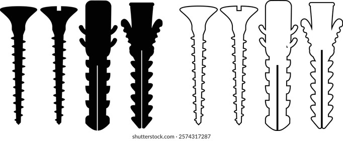 Nuts , screws, rivets, and bolts con set. Equipment stainless, fasteners, metal fixation gear black line and flat vector collection isolated on transparent background. Building tools construction sign