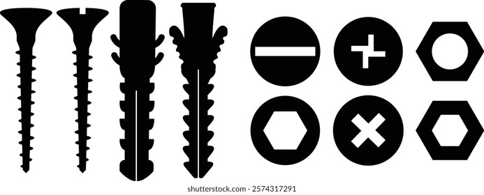 Nuts , screws, rivets, and bolts con set. Equipment stainless, fasteners, metal fixation gear black flat vector collection isolated on transparent background. Building tools construction sign