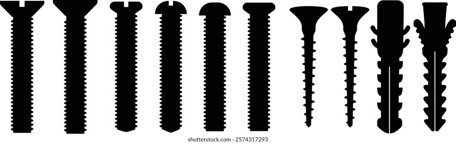 Nuts , screws, rivets, and bolts con set. Equipment stainless, fasteners, metal fixation gear black flat vector collection isolated on transparent background. Building tools construction sign