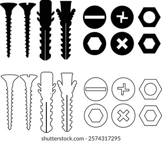 Nuts , screws, rivets, and bolts con set. Equipment stainless, fasteners, metal fixation gear black line and flat vector collection isolated on transparent background. Building tools construction sign