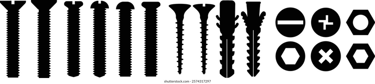 Nuts , screws, rivets, and bolts con set. Equipment stainless, fasteners, metal fixation gear black flat vector collection isolated on transparent background. Building tools construction sign