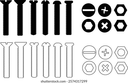 Nuts , screws, rivets, and bolts con set. Equipment stainless, fasteners, metal fixation gear black line and flat vector collection isolated on transparent background. Building tools construction sign