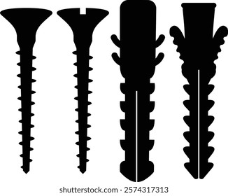 Nuts , screws, rivets, and bolts con set. Equipment stainless, fasteners, metal fixation gear black flat vector collection isolated on transparent background. Building tools construction sign