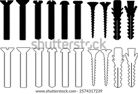 Nuts , screws, rivets, and bolts con set. Equipment stainless, fasteners, metal fixation gear black line and flat vector collection isolated on transparent background. Building tools construction sign