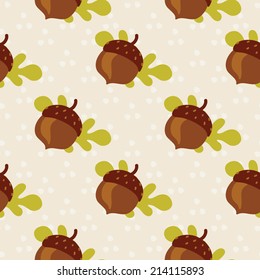 Nuts. Seamless pattern with acorns and leaves. Vector illustration