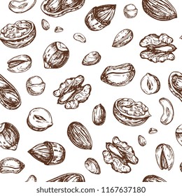 Nuts Seamless Pattern. Dried Fruit And Nut Endless Vector Texture. Illustration Of Nut Food Seamless Pattern Background