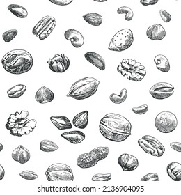 Patrón de nueces sin fisuras. Elementos dibujados a mano. Esbozar almendra, nuez de bronce, nuez de nuez, macadamia, anacardos, pecan, maní, pistacho, castaño.Vector Ilustración para el paquete de diseño, menú