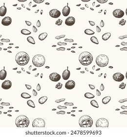 Tuercas patrón sin costuras dibujado a mano Ilustración vectorial. Fondo repetitivo con cacahuetes, almendras, coco, nueces, nueces. Adorno decorativo para textil, envoltura, tarjeta, etiqueta, impresión, papel